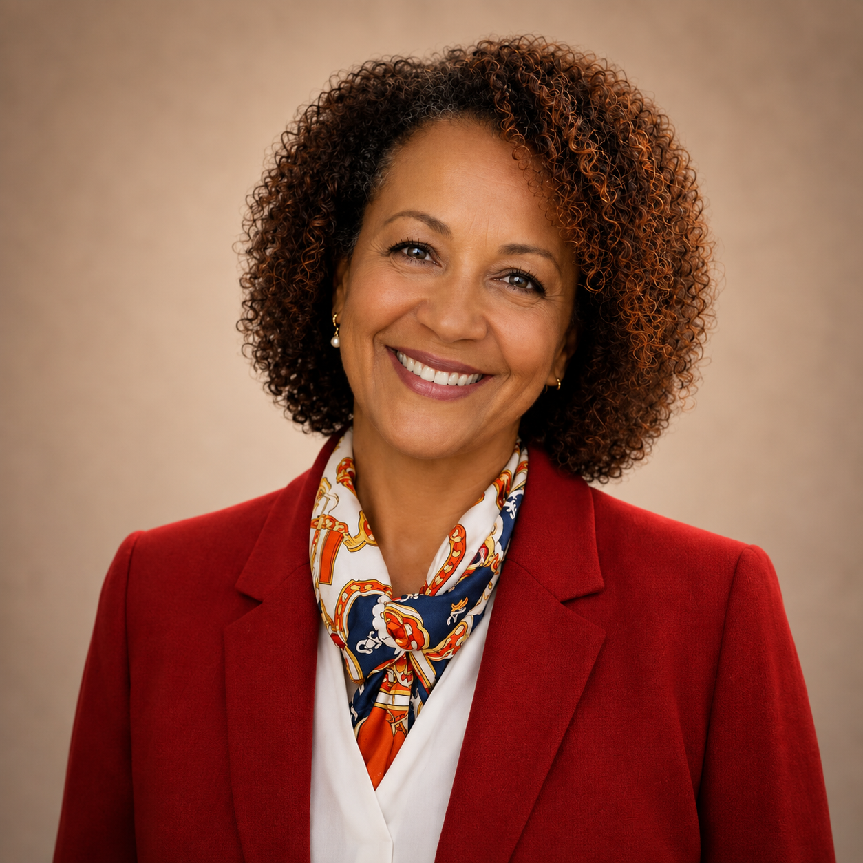 Professional headshot with blue jacket